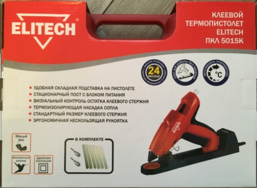 Клеевой пистолет 11мм, Elitech ПКЛ 5015К 500Вт, 15г/мин, нагрев 5-6мин, 200°С. КЕЙС 185682