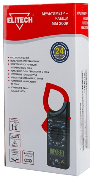 Мультиметр Elitech ММ 200К  600 V, I до 1000 А, d кабеля до 50 мм, измерение сопротивления, температ
