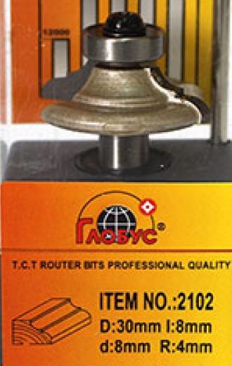 Фреза GLOBUS кромочная калевочная D30, h8, d8, R4  2102 R4