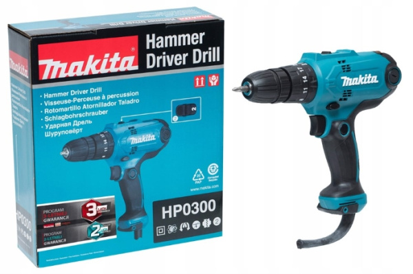 Дрель-шуруповерт MAKITA HP0300  ударная 10 мм, 320Вт, 1500/450об/мин.,БЗП,56/21Нм,2скор,20 полож.мом